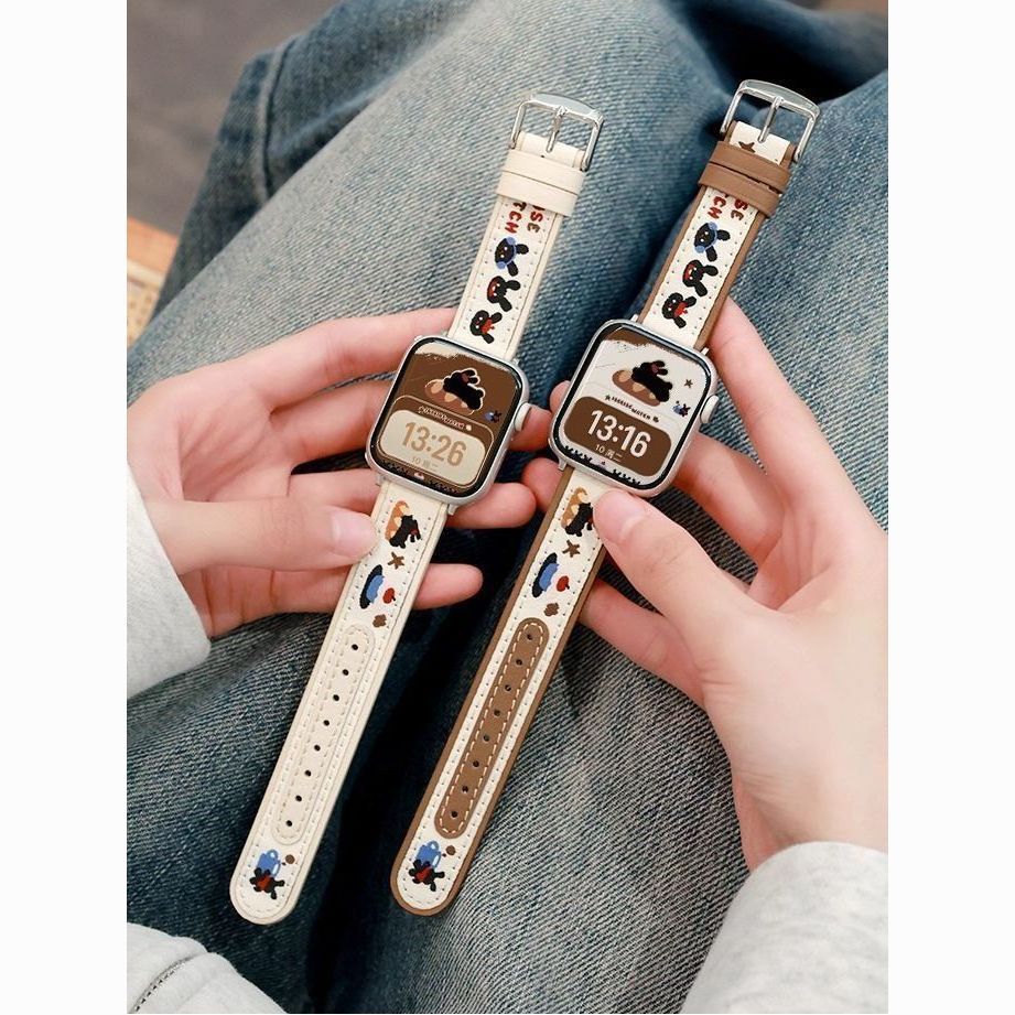 Embroidered rabbit canvas leather Apple Watch strap